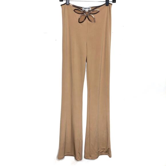 I AM GIA Renalee Floral Cutout Wrap Top Large Flare Pants Medium Set Tan - Picture 8 of 13